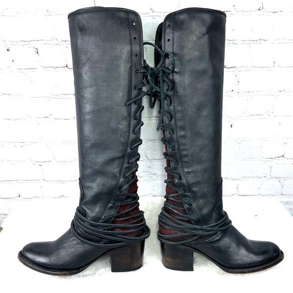 🚫SOLD! 🐎🤠|•FREEBIRD•| Black 'Coal' Lace Up Black Leather & Burgundy Suede🐎 - Picture 3 of 15